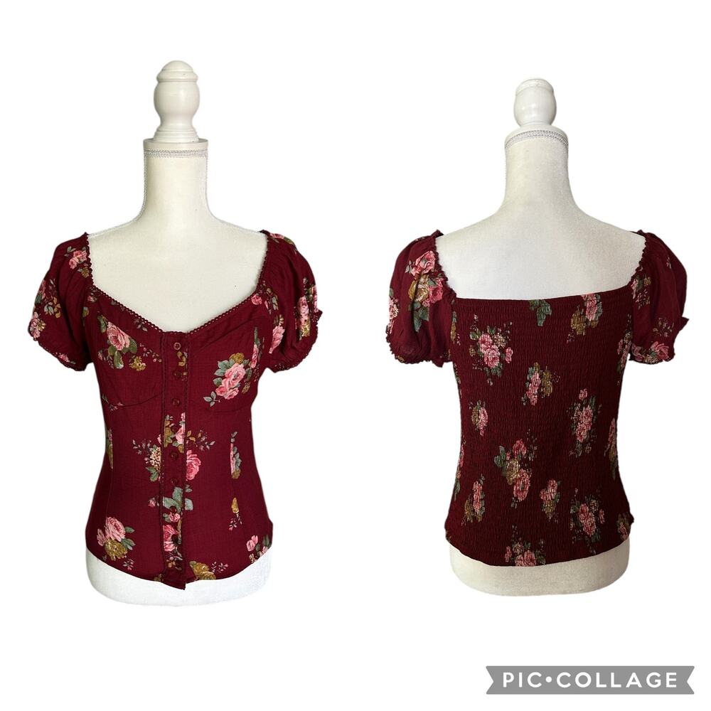 E Hanger M Peasant Red Smocked Back Sweetheart Neckline Blouse Size Large